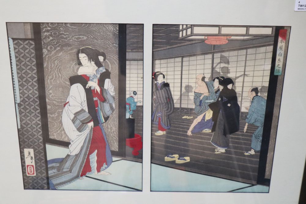 Four Japanese colour woodblock prints, including Hokusai Katsushika,